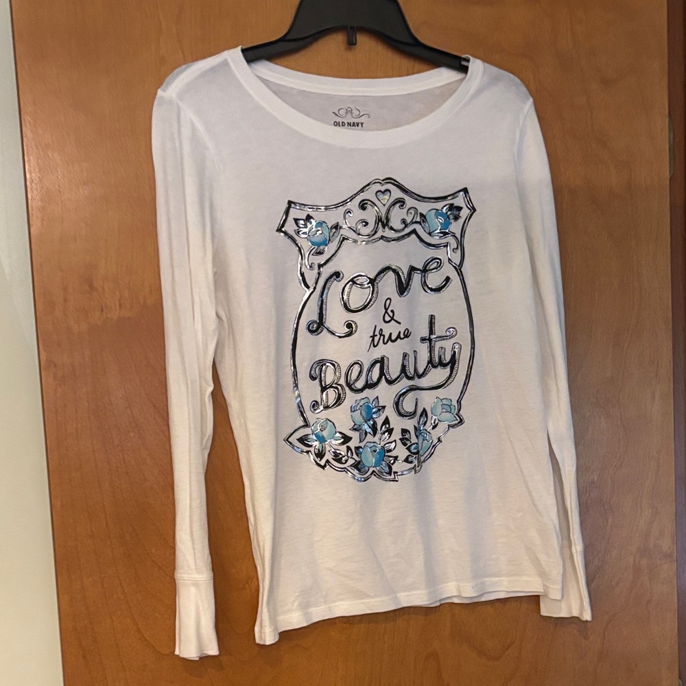 NWOT- Old Navy White Long Sleeve Tee with Blue Floral Design
